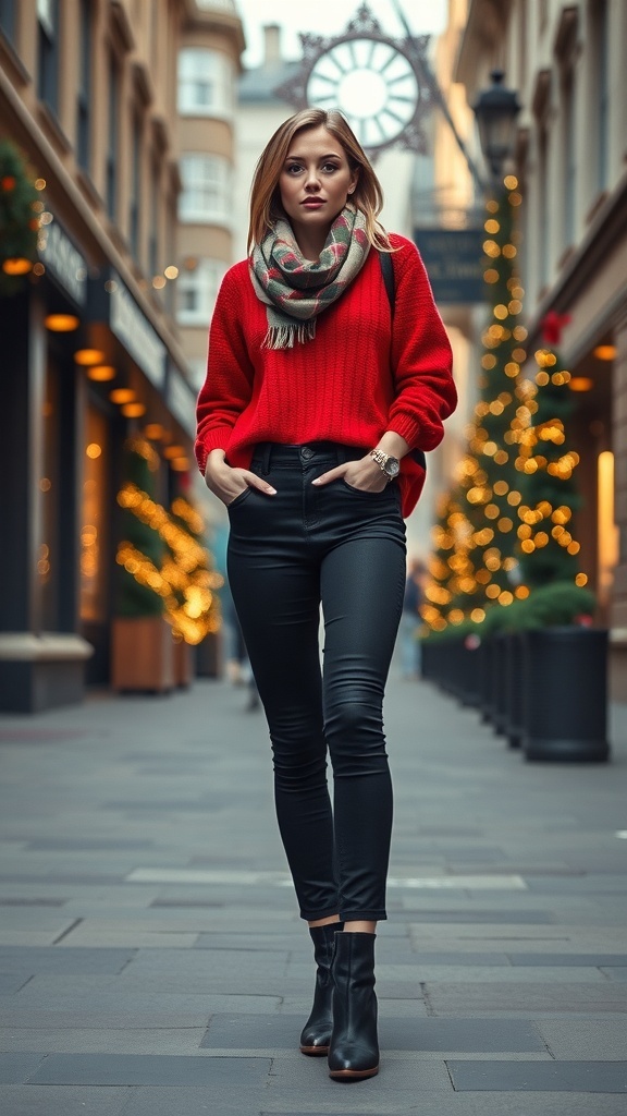 A fashionable model in a red sweater and black jeans, with a plaid scarf, in a festive street setting.